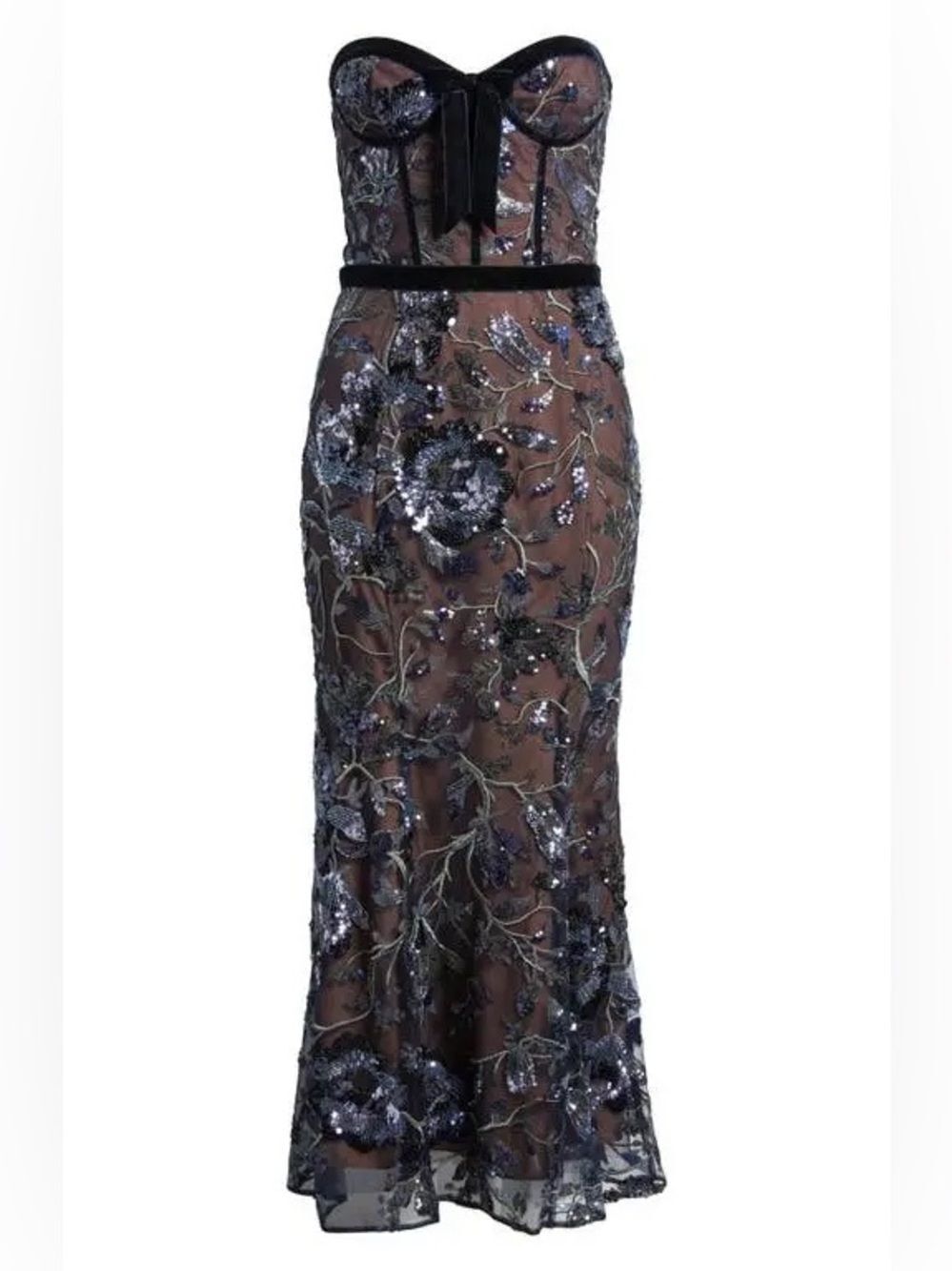 Marchesa Climbing Vines Midi Dress Crystal Ocean Strapless Sequin Embroidery - Picture 2 of 16